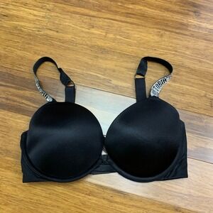 Victoria's Secret Very Sexy Push Up Black Bra Rhinestone Straps Padded Size 32DD